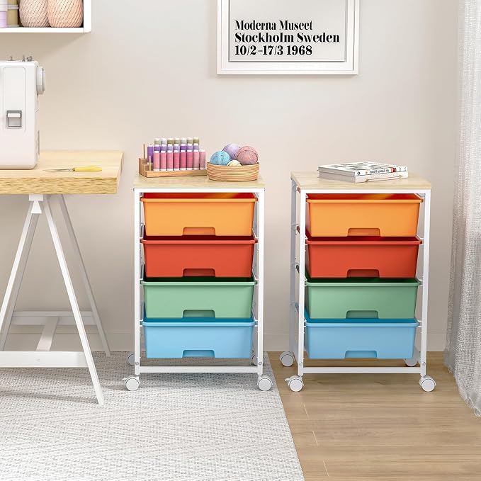 Utility-Rolling-Storage-Drawer-Craft-Cart-Organizer with 4 Drawers and Wooden Tabletop & Lockable Wheels for Home Office, Bedroom, Kids Room, Classroom, 4 Tiers Under Desk Drawer Cart, Macaron