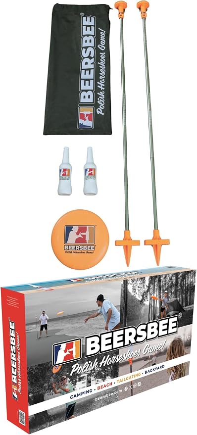 Beersbee® Polish Horseshoes Flying Disc Target Bottle Drop Adult Lawn Game- Camping, Backyard, Beach, Tailgating, Frat Party Games, Bottle Battle Bash