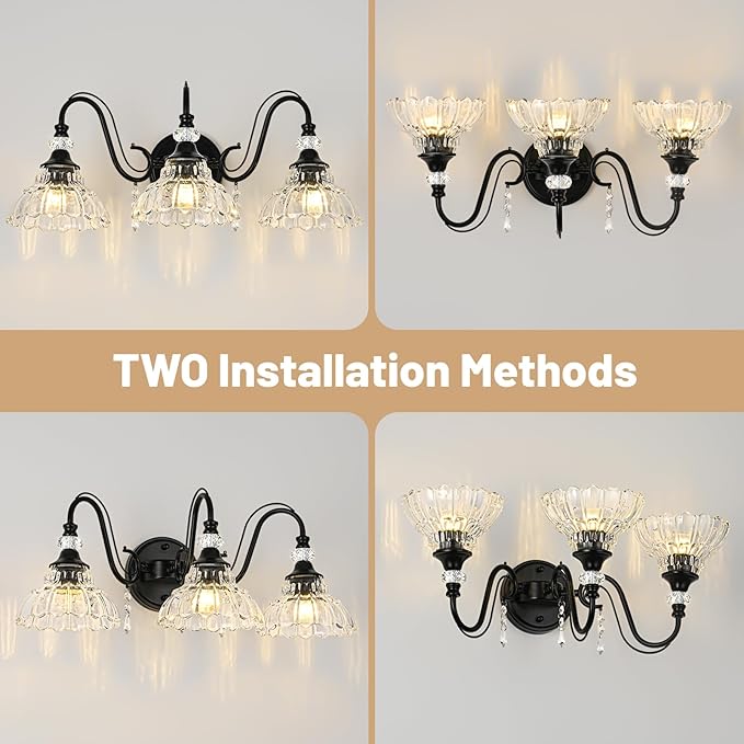 Black Bathroom Vanity Light, 3-Light Matte Black Finish Farmhouse Wall Sconce with Hanging Crystal Accents and Flower-Shaped Clear Glass Shades, Retro Wall Mount Vanity Light Over Mirror for Bathroom