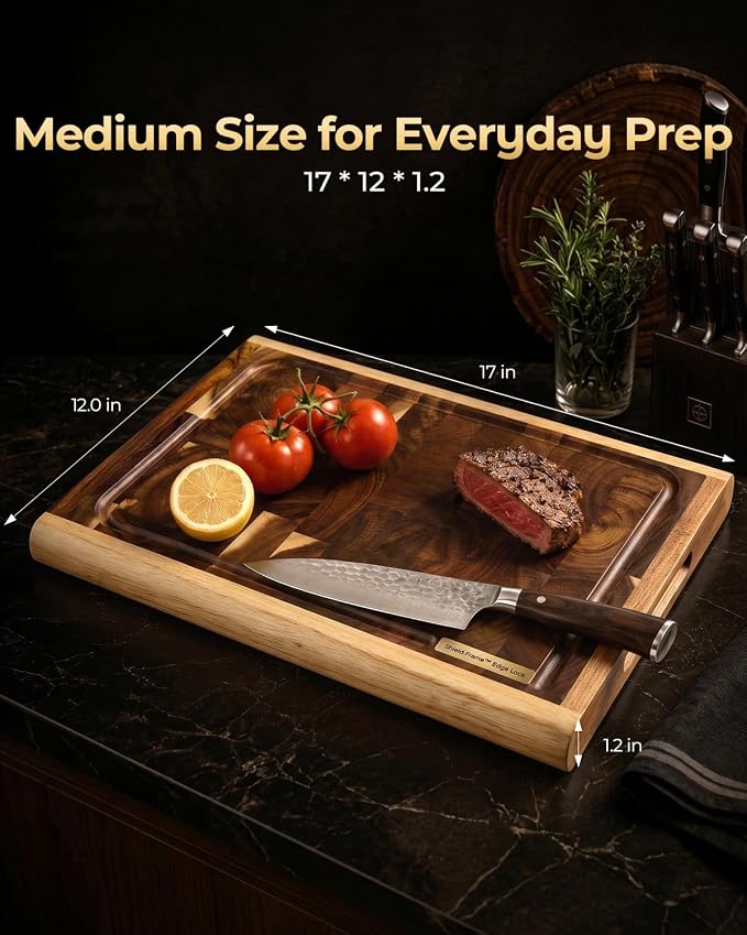 Acacia Wood End Grain Cutting Board 17x12x1.2 Inch | Thick Hardwood Cutting Board, Crack Resistant Design, Large Wood Board for Meat Prep, Non Toxic Kitchen Gift