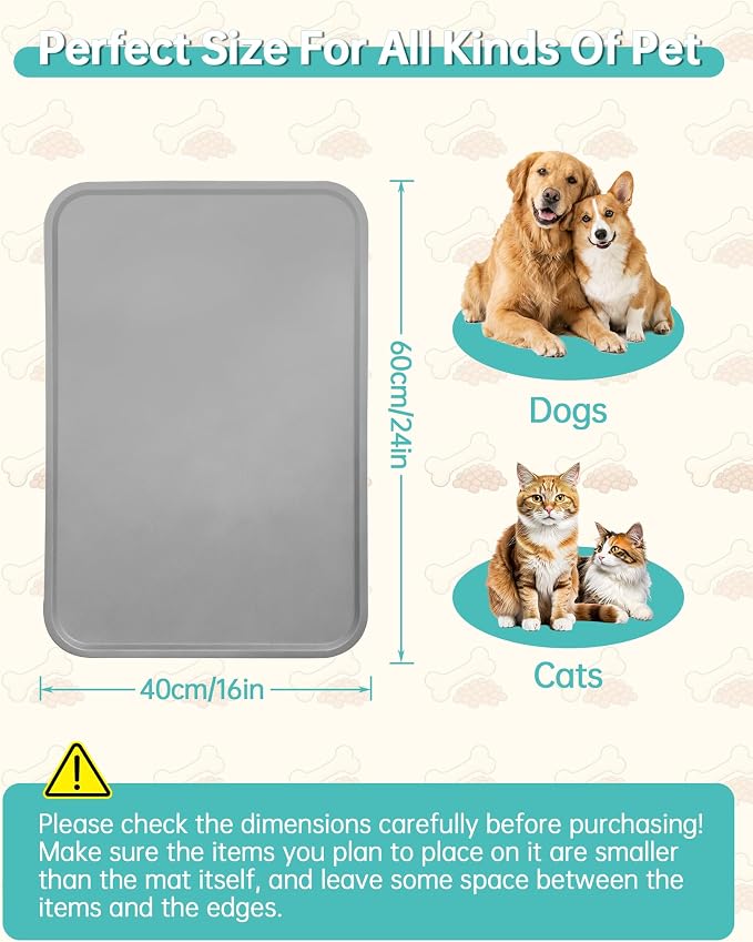 Pet Water Fountain Mat, 24" x 16" Food Grade Silicone Waterproof Mat with Raised Edge, Non Slip Easy Clean Splash Proof Floor Pad for Cat Dog Water Dispenser, Grey