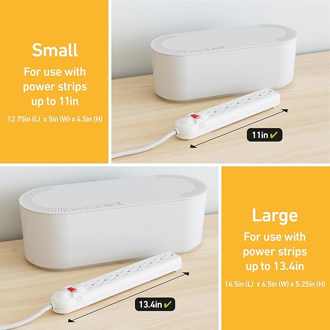 D-Line Cable Management Box with 6 AC Outlet 6ft Power Strip, Hide Extension Cords and Excess Wire Clutter, 16.5in (L) x 4.5in (H) x 5in (W) - Large, White