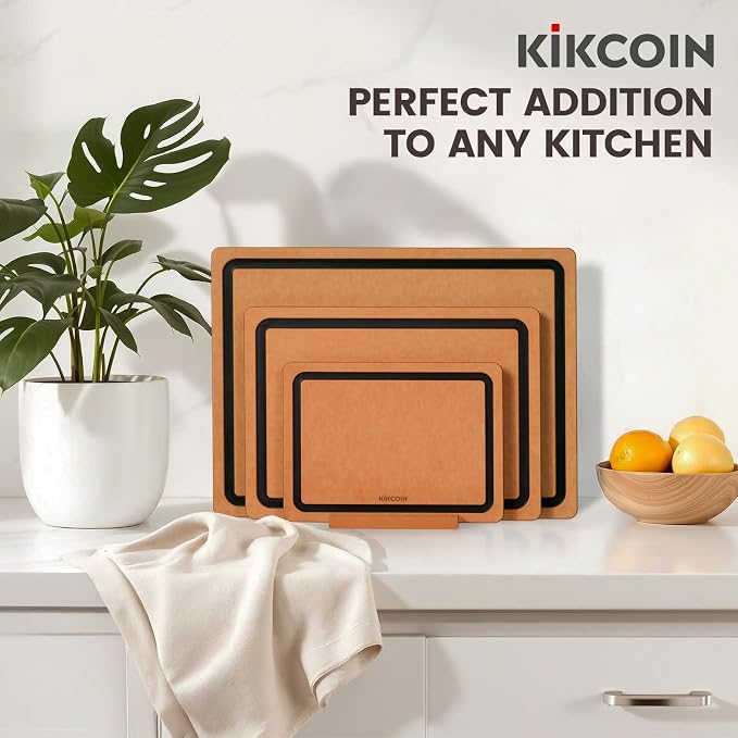 Kikcoin Wood Cutting Board Set of 3, Cutting Boards for Kitchen with Holder Dishwasher Safe Non-slip Chopping Board with Juice Groove, Wood Fiber Composite Cutting Boards