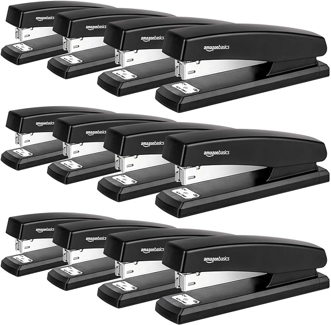 Amazon Basics Office Desk Stapler, 25-Sheet Capacity, Non-Slip with 1000 Staples, Black, 12-Pack