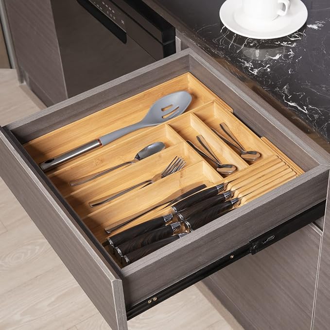 TIOPGHAD Bamboo-Silverware-Drawer-Organizer-Kitchen, Expandable Utensil Holder Cutlery Tray Flatware Organization Adjustable Wood Tableware Dividers Storage (with Removable Knife Block)(Natural)