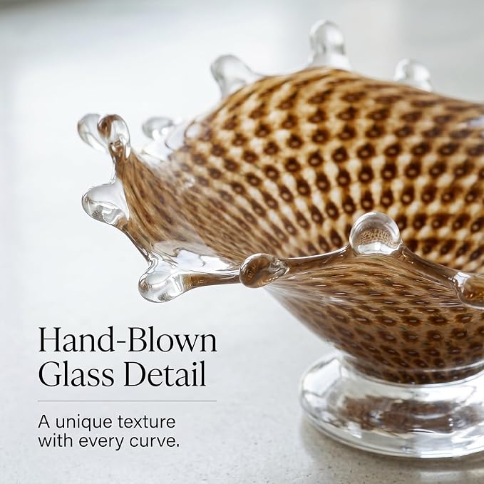 LCCCK Amber Glass Pedestal Fruit Bowl for Kitchen Counter, Hand Blown Glass Bowl Dining Table Centerpiece, Unique Candy Bowls for Office Candy Dish and Living Room Coffee Table Art Decorative