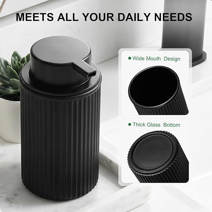 KASUNTING Matte Black Foaming Soap Dispenser, 2 Pack Ribbed Glass Foam Hand Soap Dispenser for Bathroom, Refillable Foaming Pump Bottle with Black Pump, Modern Dish Soap Foam Dispenser