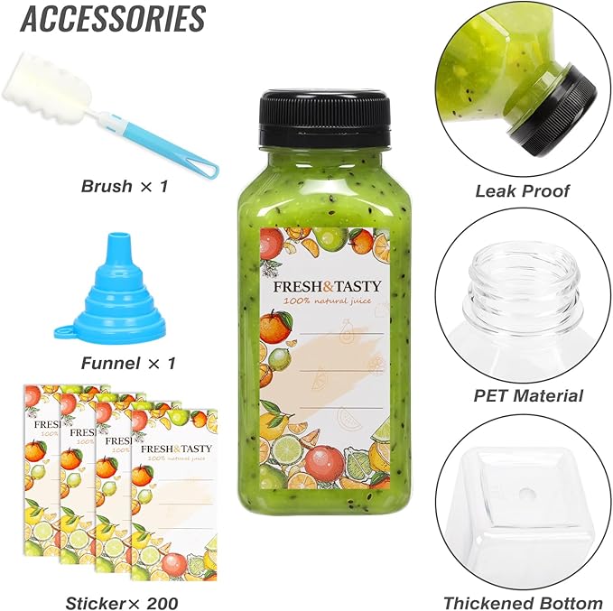 TOMNK 200pcs 8oz Plastic Juice Bottles with Caps Empty Reusable Clear Bottles with Label, Funnel and Brush Beverage Containers Bulk with Lids for Juicing, Smoothies, Fridge