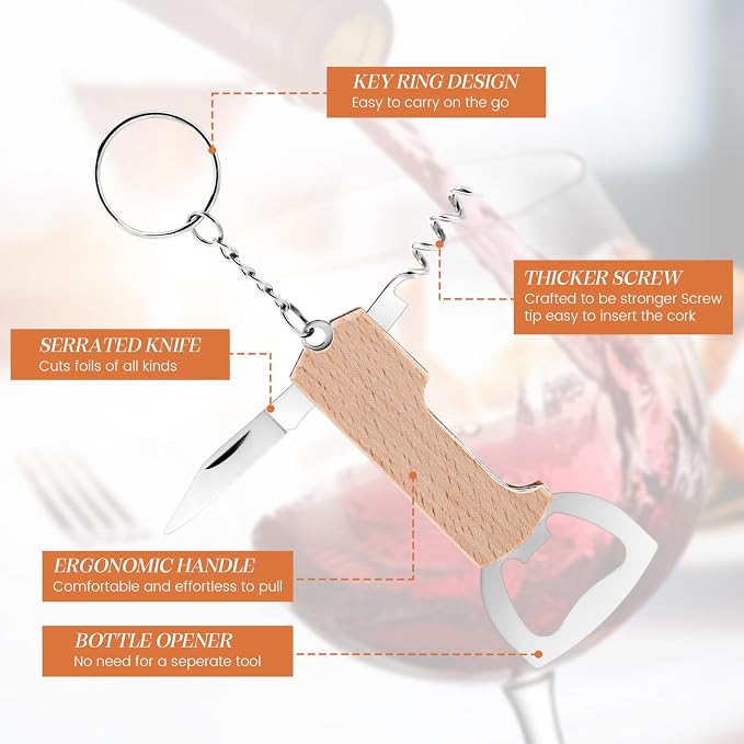 Ziliny 24 Pcs Bottle Opener Keychain Bulk Wine Bottle Beer Opener Keychain 3.27" Stainless Steel Corkscrew Waiter Corkscrew Wine Keyring Gifts for Christmas Bar Party Wedding Home (Brown)