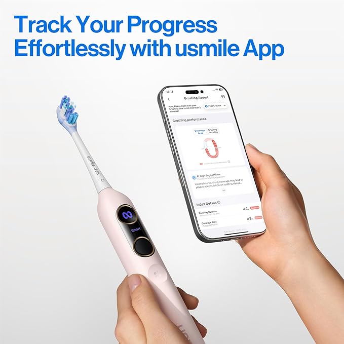 usmile Y20PRO Electric Toothbrush, AI-Powered Smart Toothbrush with AM/PM Auto Mode, 4 Brushing Modes, 90-Day Battery, App Control, Real-Time 3D Map, 2 Brush Heads Included(Sakura Pink)