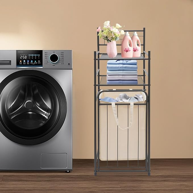 Laundry Hamper with Storage Shelf Vertical Laundry Basket with Pull-Out and Removable Bag Metal Hamper with 2 Storage Shelves for Bathroom Bedroom Dorm