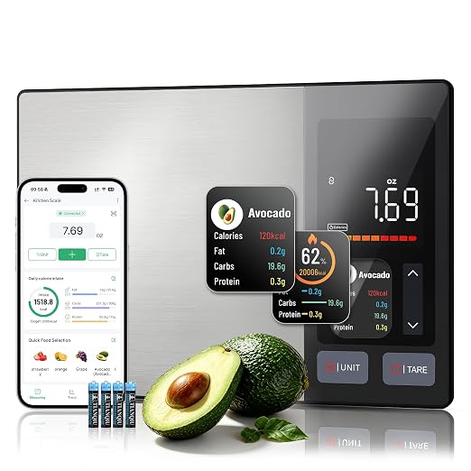 Smart Food Scale with Nutritional Calculator, Free App & TFT Display – Digital Kitchen Scale for Calorie & Macro Tracking, 50 Built-in Foods,23 Nutrients Analysis,Personal Goals for Meal Prep