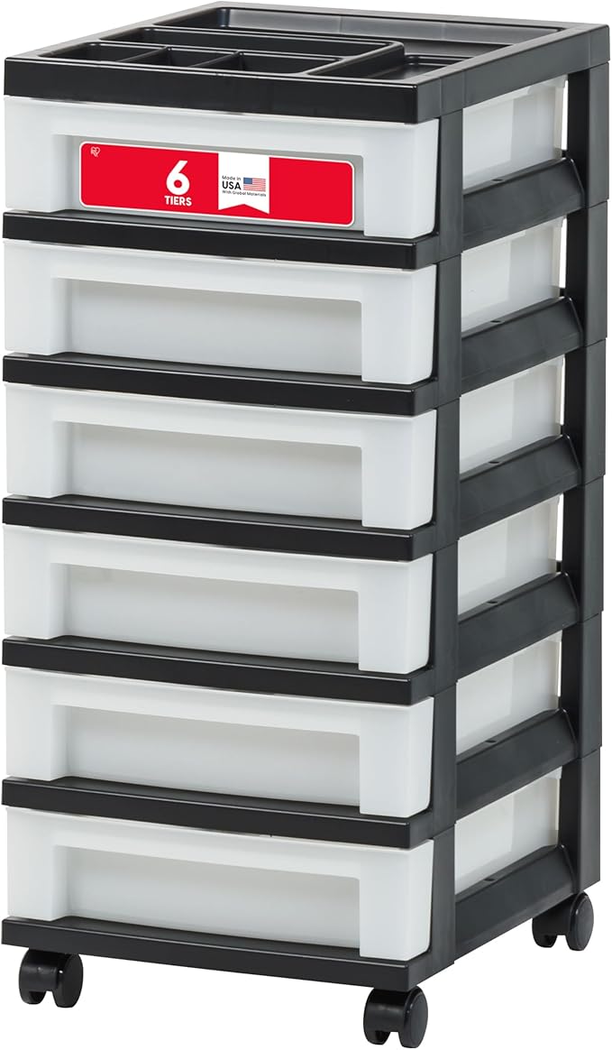 IRIS USA Craft Plastic Organizers and Storage, Rolling Storage Cart for Classroom Supplies, Storage Organizer for Art Supplies, Drawer Top Organizer for Small Parts, 6 Drawer, Black/Pearl