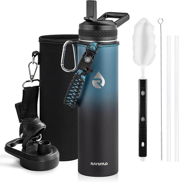 RAYMYLO Insulated Water Bottle 24 oz, Triple Wall Vacuum Stainless Steel (Cold for 24Hrs, Hot for 12Hrs), Leak Proof & Non-BPA, Modern Water Flask Jug with Paracord Handle & Straw Spout Lids