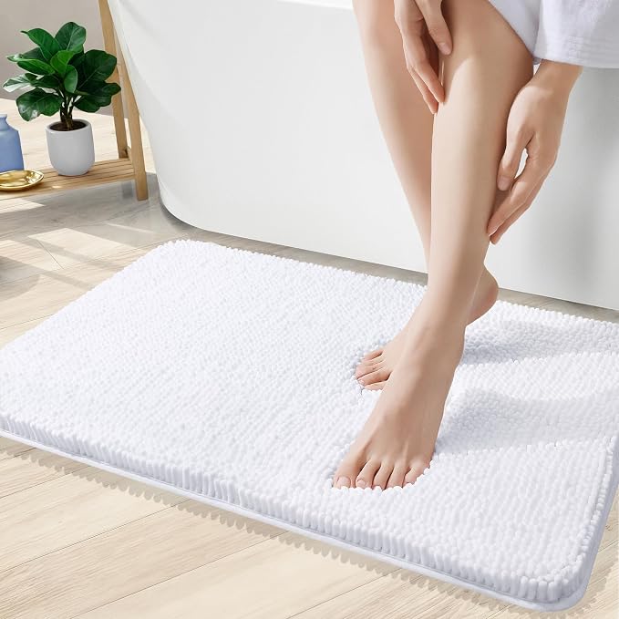 OLANLY Bathroom Rugs 35x24, Extra Soft Absorbent Chenille Bath Rugs, Rubber Backing Quick Dry, Machine Washable Bath Mats for Bathroom Floor, Tub and Shower, Home Decor Accessories, White