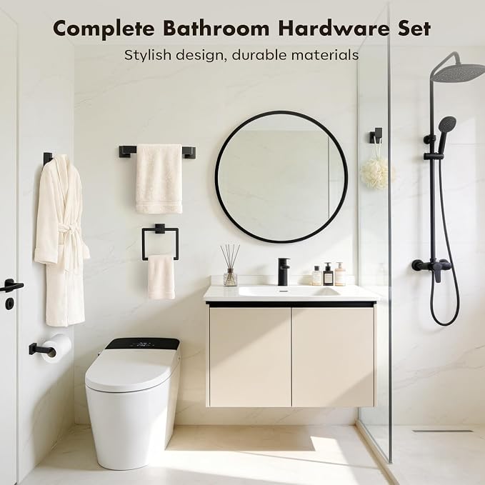 Bathroom Accessories Towel Bar Set: 15 Pieces Matte Black Bathroom Hardware Square SUS304 Stainless Steel - Wall Mounted Towel Rack&Toilet Paper Holder&Towel Ring and Towel Hook