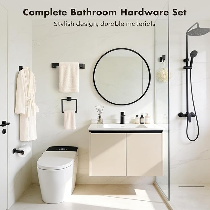 Bathroom Accessories Towel Bar Set: 10 Pieces Matte Black Bathroom Hardware Square SUS304 Stainless Steel - Wall Mounted Towel Rack&Toilet Paper Holder&Towel Ring and Towel Hook