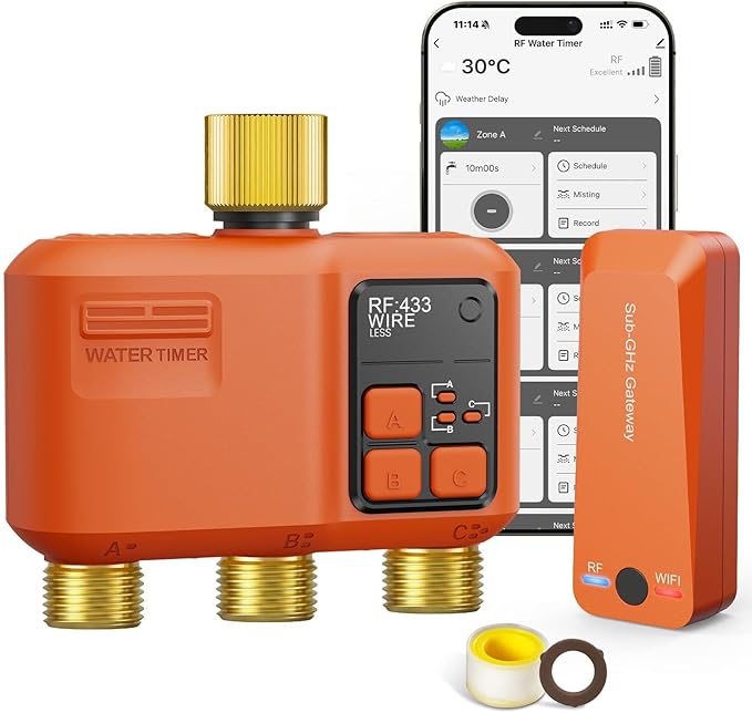 WiFi Water Timer for Garden Hose 3‑Zone, Smart Hose Timer with 984ft Long‑Range & Strong Wall‑Penetration, APP & Control,Voice Control, Rain Delay & Manual Mode, Brass Inlet & Outlet