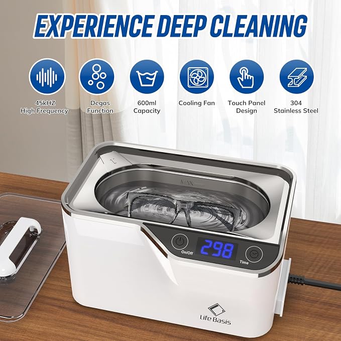 LifeBasis Ultrasonic Cleaner – 45kHz Professional Ultrasonic Jewelry Cleaner 600ML with Built-in Cooling Fan, 5 Digital Timer for Rings, Coins, Watches, Eyeglasses, Dentures, Retainers & More, White