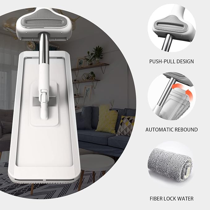 360 Hands-Free Self Wringing Floor Cleaning Mop, Flat Mop, White | Microfiber mop pads, 6 reusable washable pieces, easy hand wash. Ideal for floors & window cleaning