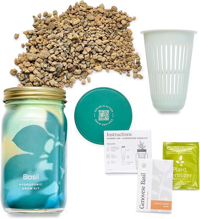 Modern Sprout Mason Garden Jar+Replant Kit -Self-Watering Hydroponics Growing System Kit w/Organic Herb Seeds -Sprouting Jar Planter for Indoor Herb Garden - Seed Starter -Gift for Mother's Day -Basil