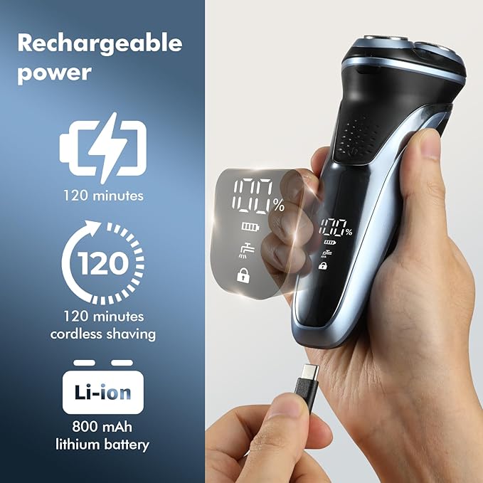 5D Electric Razor for Men:IPX7 Waterproof Wet or Dry | Rotary Electric Shavers for Men - LED Display - USB-C 2-Hour Fast Charge for Travel - Precise Blades & Pop-up Trimmer