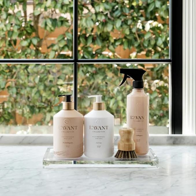 L'AVANT Collective Luxury Home Essentials High Performing Dish Soap, Hand Soap, Multipurpose Cleaner Spray, Scrub Brush, Lucite Tray Luxurious Ingredients Reusable Bottles (Blushed Bergamot)