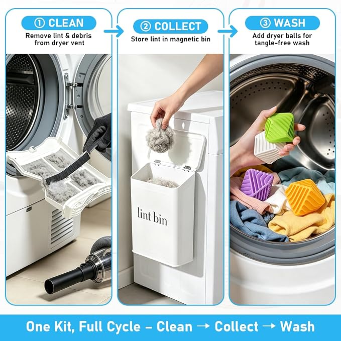 10Pcs Dryer Vent Cleaner Kit - Reusable Dryer Balls - Metal Lint Bin | Laundry Room Organization with Dryer Cleaning Kit & Dryer Lint Vacuum Attachment & Lint Trash Can & Washer Balls