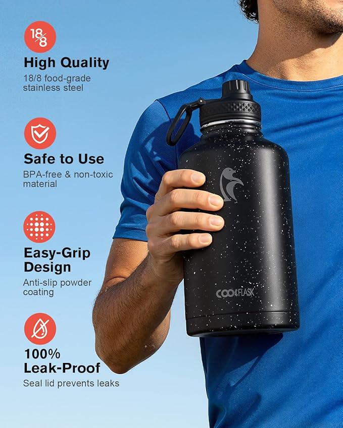 Coolflask 64 oz Insulated Water Bottle with Straw&3 Lids, Half Gallon Insulated Water Jug Galaxy Large Metal Stainless Steel Flask for Gym, Sports and Office, Keep Cold 48H Hot 24H, Starry Night