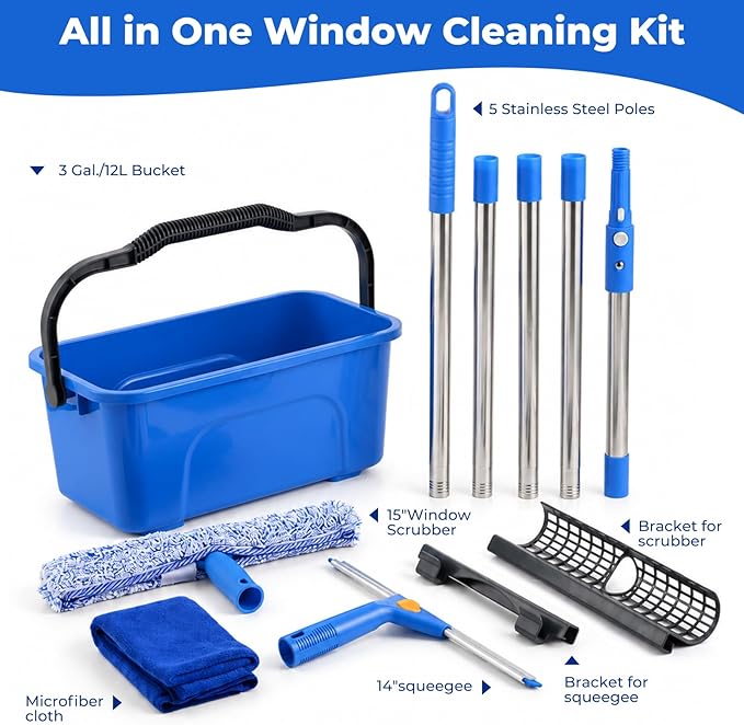 UFORU Professional Window Cleaning Kit with Bucket, 3 Gallon Set with 14" Window Squeegee, 15" Microfiber Scrubber and 76" Long Handle for High Window, Home, Outdoor, Commercial and Car Glass Cleaning