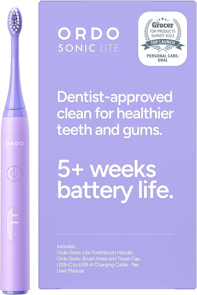 ORDO Sonic Lite Electric Toothbrush, Adults, Rechargeable, USB-C, Lavender | Rechargeable sonic electric toothbrush, 35,000 pulses/min, dual modes, smart timer, 5+ week battery, USB-C charger