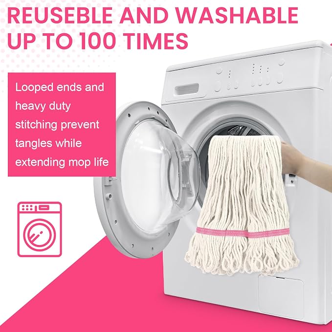 Eccliy 6 Pack Commercial Mop Heads Replacement Heavy Duty 18 oz Loop End Cotton String Wet Mop Refills Washable Absorbent Reusable for Industrial Home Tile Wood Concrete Floor (White,Pink)