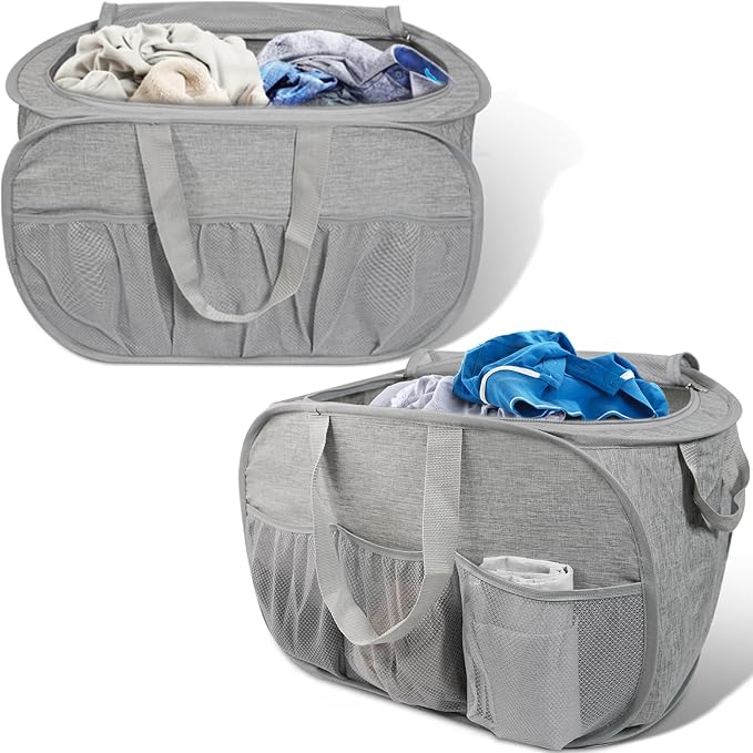 2 Pack Collapsible Laundry Baskets with Lid, Foldable Laundry Basket with Pockets, Pop Up Hamper with Dual Handles, 99L Sturdy Hampers for Clothes, Groceries, Supplies, Tools, Grey