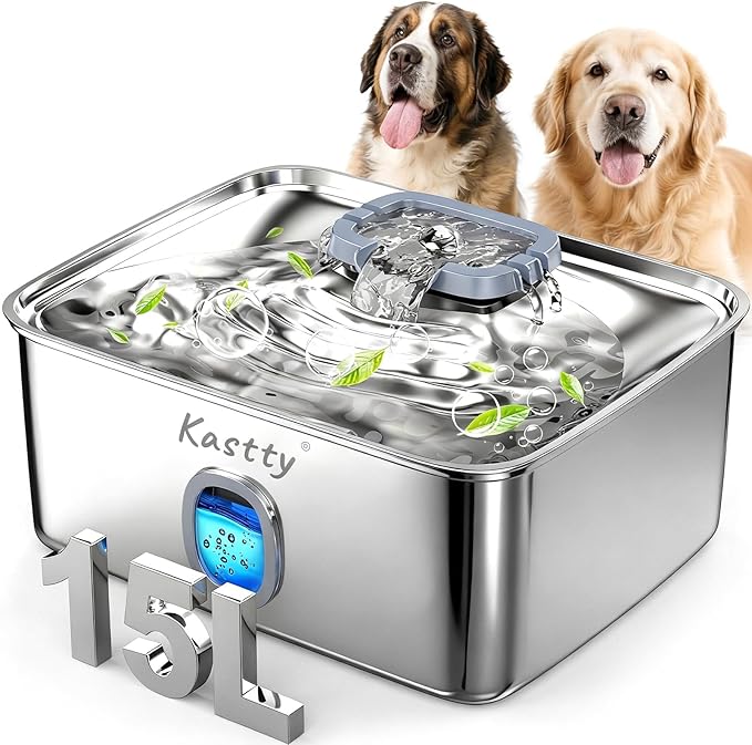 Kastty 4 Gal/15L Stainless Steel Dog Water Fountain for Large Dogs | Dog Water Bowl Dispenser Triple Filtration,Ultra Quiet Automatic Pet Water Fountain with Water Level Window&LED Light(FS76)