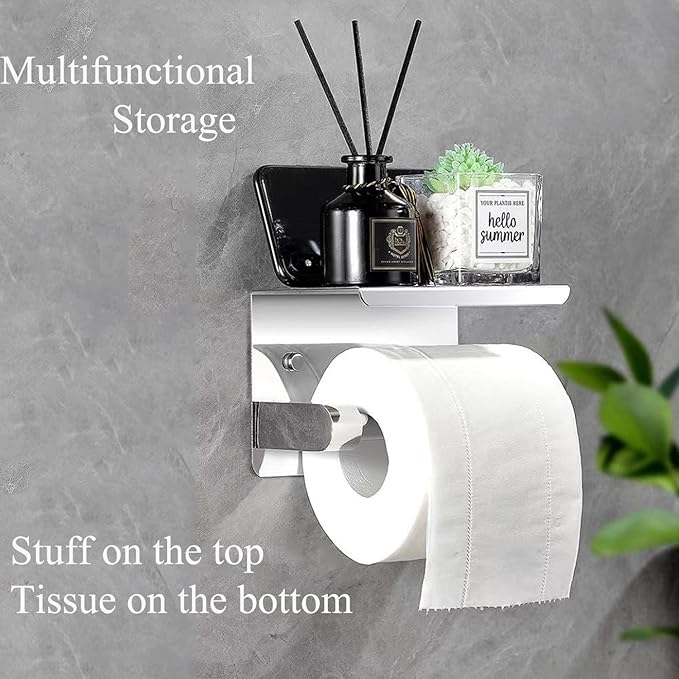 Toilet Paper Holder with Phone Shelf Stainless Steel Bathroom Tissue Roll Holder Wall Mounted Toilet Paper Roll Storage Polished Chrome Finished