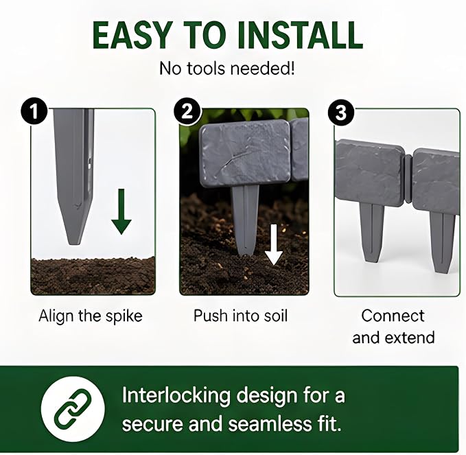 Imitation Stone Garden Fence No Dig Landscape Edging Faux Stone Garden Border Plastic Pound in Edging for Landscaping Flower Beds Yard Decorative Artificial Rock Edgers Bricks (10, Grey)