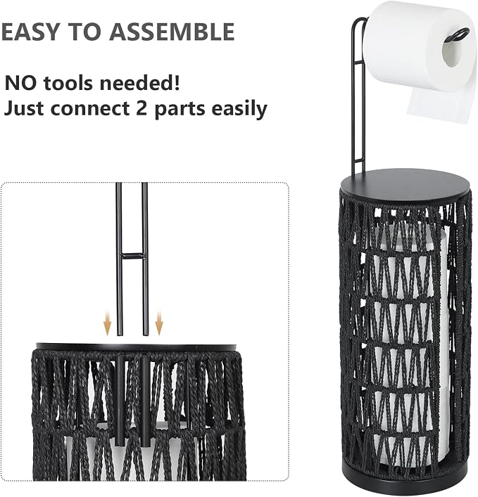 Black Freestanding Toilet Paper Holder with Storage,3 Rolls of Tissue Holder for Bathroom,Handmade Woven Toilet Paper Roll Holder Stand,Rattan Sturdy Boho Bathroom