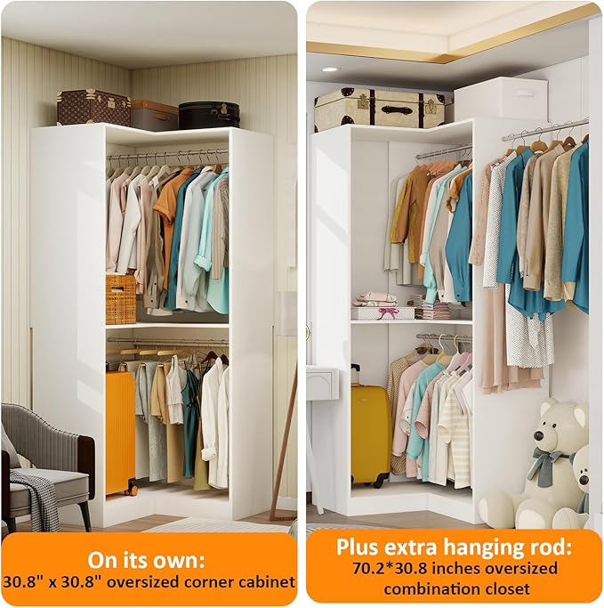 Vomavex Corner Closet System with 3 Hanging Rods, 30.8”-70.2” L Shaped Freestanding Closet Organizer for Walkin Closet, Corner Wardrobe, White