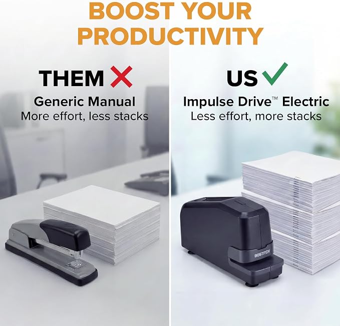 Bostitch Impulse Electric Stapler for Office, Classroom & Home, 30 Sheet Capacity, Fast No-Jam Automatic Stapling, Refill Alert & FastLoad System, Durable Design, Black, 1 Pack