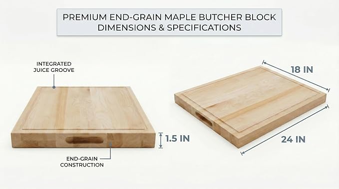 18 in. x 24 in. Maple Wood Cutting Board, Reversible with Juice Groove and Smooth Side, Thick Butcher Block Style Prep Board with Built-In Handles for Kitchen, BBQ, Meat Carving and Serving