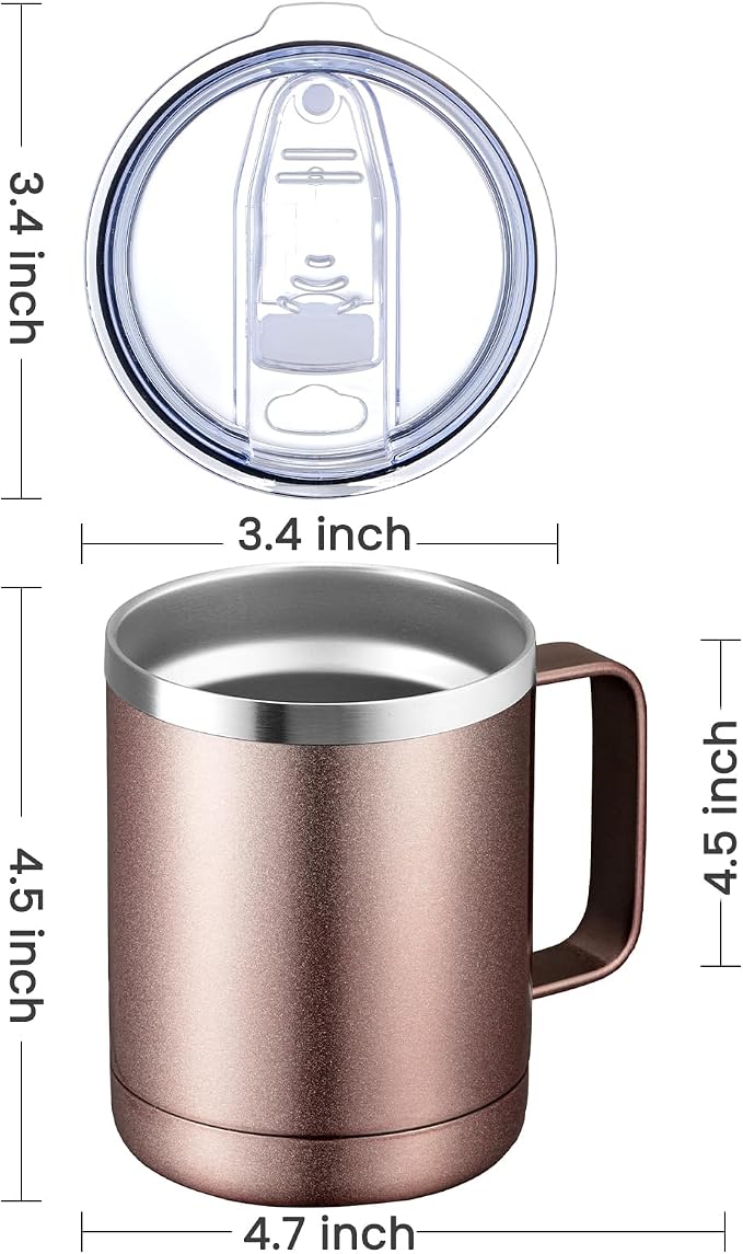 MEWAY 12oz Coffee Mug With Handle and Sliding Lid,Stainless Steel Travel Tumbler Cup with Handle,Double Wall Vacuum Insulated Camping Cup for Hot & Cold Drinks Tea (Rose Gold,Set of 1