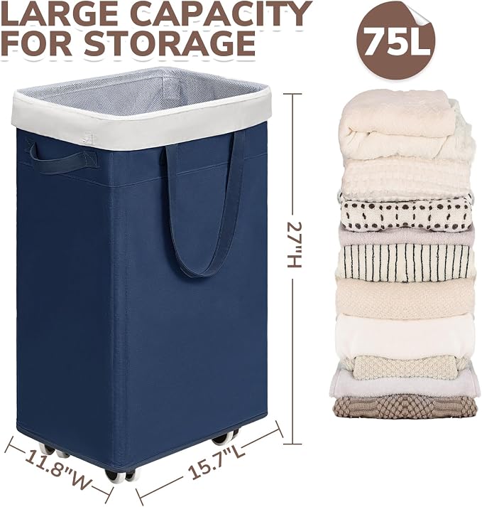 CHICVITA Laundry Basket with Wheels, 75L Laundry Hamper for Dirty Clothes, College Dorm Essentials, Clothes Hamper for Livng Room, Blue