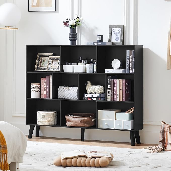 LEYAOYAO 10 Cube Bookshelf, Mid-Century Modern Book Shelf with Legs, Black | 3 Tier Bookcase, 55" Wide Rustic Wood Bookshelves Large Storage Organizer, Open Shelves for Bedroom, Living Room, Office