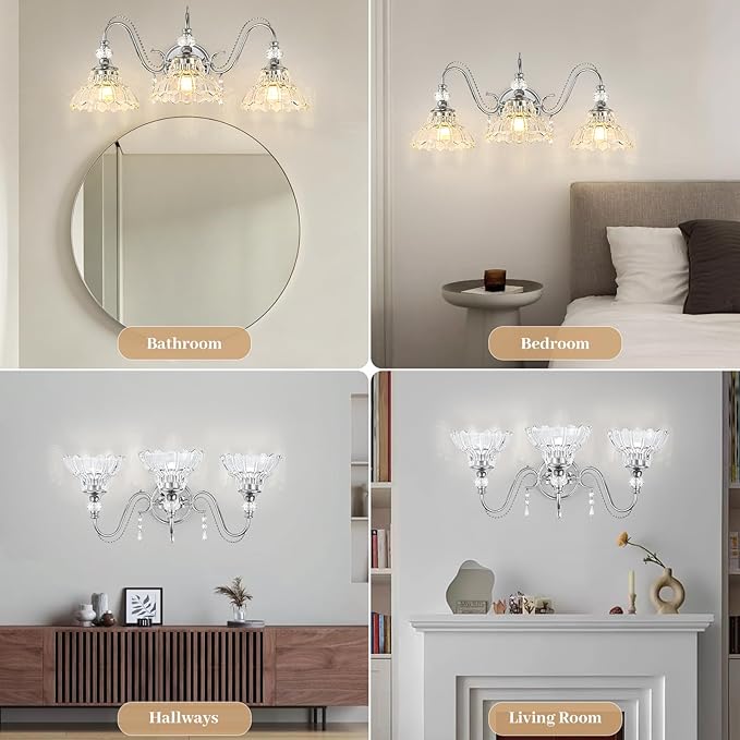 Brushed Chrome Bathroom Vanity Light, 3-Light Chrome Finish Wall Sconce with Hanging Crystal Accents and Flower-Shaped Clear Glass Shades, Modern Wall Mount Vanity Light Over Mirror for Bathroom