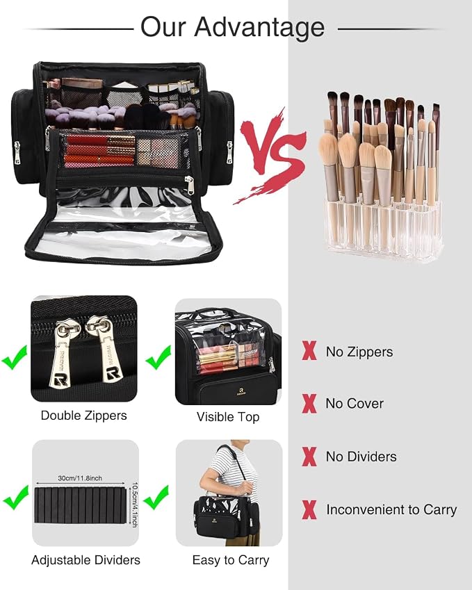 NAONAYA Makeup Brush Bag Extra Large Makeup Brush Case with 4 small bags Professional Makeup Artist Brush Holder Stand Up Organizer for Travel with Adjustable Dividers and Shoulder Strap