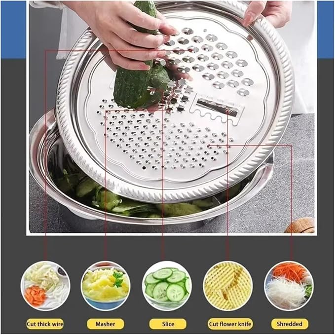 Multifunctional Stainless Steel Basin Vegetable Cutter – Fruit Slicer, Potato Peeler & Carrot Grater, Kitchen Accessory Set(1 SET)