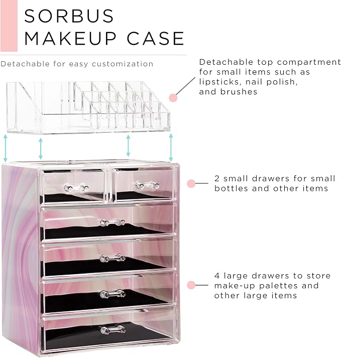 Sorbus Acrylic Makeup Organizer Set, 6-Drawer Vanity & Countertop Cosmetic Storage with Small & Wide Compartments, Tie Dye Makeup Storage for Brushes, Jewelry – Holiday Gift for Women & Teens
