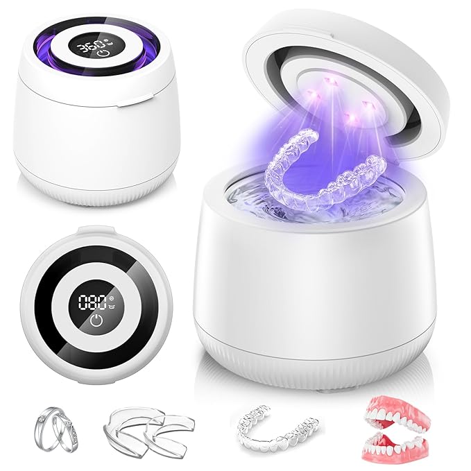 Ultrasonic Retainer Cleaner Machine, Dynamic 42-48kHz Dental Cleaning Pod with Digital Timer, 200ml Mouth Guard Cleaner Pod for Aligners, Night Guards, Dental Trays, Braces & Toothbrushes (White)