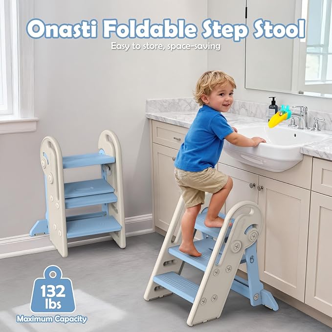 Onasti Toddler Step Stool with Handles, Adjustable Kids Stool Converts from 3-Step to 2-Step, Non-Slip and Anti-Tip Design for Safer Potty Training, Bathroom Sink and Kitchen Counter- Blue