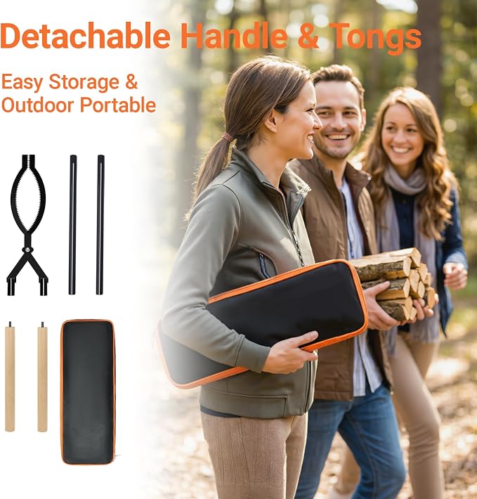 42 Inch Detachable Firewood Tongs with Carry Bag, Heavy Duty Log Grabber | High Strength Carbon Steel, Long Fire Tongs for Fireplace, Fire Pit, Campfire, Wood Burning Stove - Indoor Outdoor Use